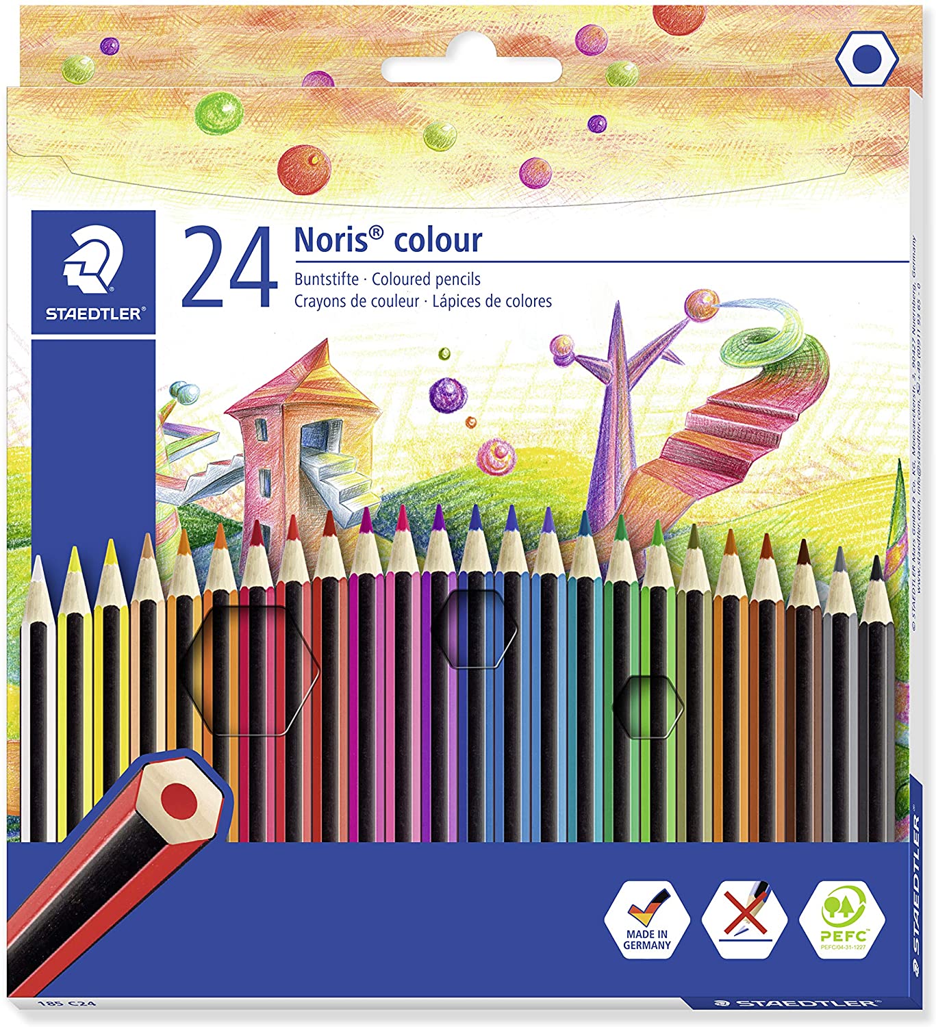 Staedtler Noris Colour 185 Pack de 24 Lapices de Colores Hexagonales - Fabricados en WOPEX - Muy Resistentes - Madera de Fuentes Sostenibles - Colores Surtidos
